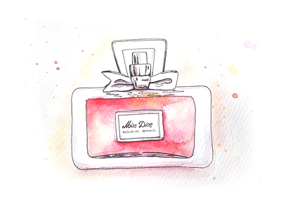 Perfume Miss Dior, Watercolors illustration miss dior perfume watercolor