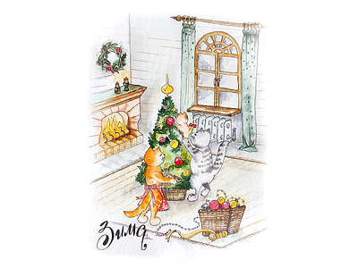 Winter cats, watercolors cats family illustration watercolor winter