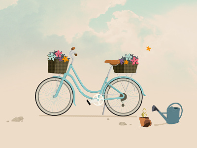 Spring bike blue clouds cycle flower illiustration spring vector