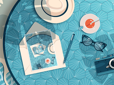 Summer coffee blue camera coffee glasses hat illustration pattern postcard relax summer sunshine table
