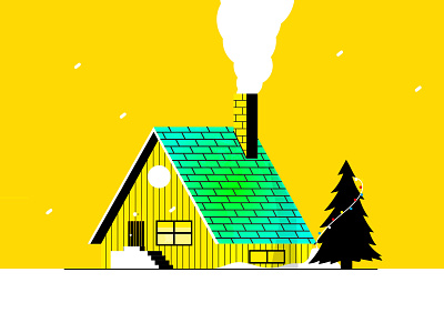 winter cabin chimney christmas cute deserted flat house illustration smoke snow steps tree winter wooden xmas