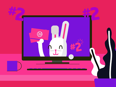 Two Dribbble Invites bunny codes computer desk desktop dribbble flat illustration invites plant tickets