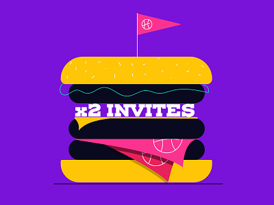 Two Dribbble Invites burger dribbble flat illustration invites tickets two