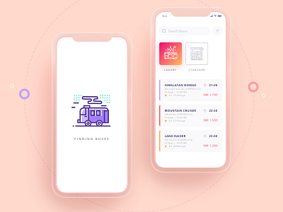 Bus Booking App android app android app design baby pink bus booking bus ride caravan find buses flat design himalayan himalayan nomad illustration design ios design luxury bus minimal app minimal design search results sleeper bus transportation volvo bus