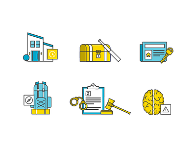 Icon Set architecture backpack brain house icons illustration key lines mind newspaper treasure