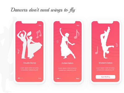 Onboarding Screens for a dance application dance iphonex mobile app onboarding screens ui ux