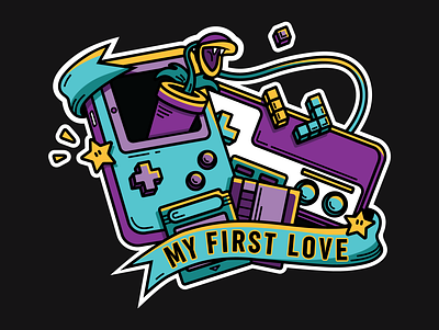 First Love branding design flat game gameboy illustration mario purple tech tetris turquoise vector video game