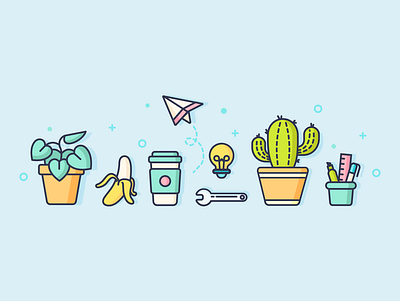 Office Necessities banana branding business cactus coffee cute design flat fun graphic icon icons set illustration lineart minimal offerzen office plant stationery vector