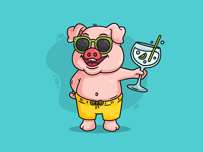 Summer holiday mood 2019 animal animal illustration branding character cocktail colour colourful creative cute design flat graphic graphic design graphicdesign illustration minimal pig summer vector