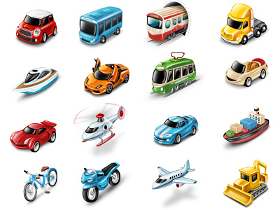 Transportation Icons (all in attachment) air baloon airplane ambulance bicycle boat bus cabriolet car cargo engine excavator helicopter lamborghini mini cooper motorbike police scooter ship subway taxi train truck ufo