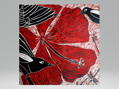 Magpies of Kalighat birds calcutta hibiscus magpies print printmaking woodcut