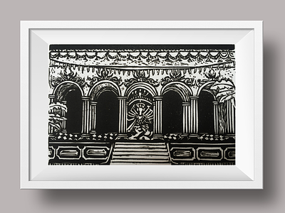 Durga Puja architecture bengali black and white calcutta colonial durga puja india linocut print printmaking