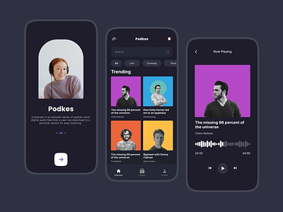 Podcast Mobile App - Podkes app clean dark mode design podcast radio spotify ui