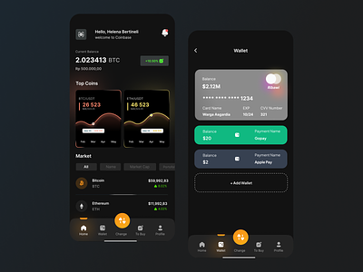 Cryptocurrency App - Ribawi app bitcoin coinbase crypto cryptocurrency dark mode design e wallet etherium mobile ui