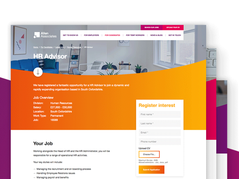 Allen Associates Job Page agency animation career gradient job landing page oxford sketch ui ux web website