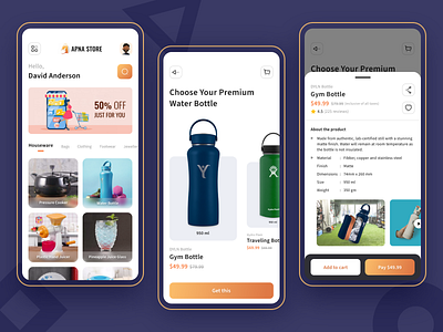 Premium Products Shopping App add to cart app ui branding card design e commerce fashion fitness graphic design gym logo minimal motion graphics online shopping online store product details shopping app uiux water bottle web ui
