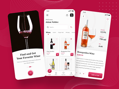 Wine Shop - Mobile App add to cart app ui application booking card design delivery ecommerce grocery app minimal ui mobile app payment method port wine red traveling web design web layout wine wine bar wine bottles wine shop