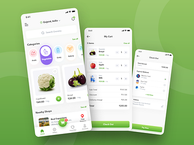 Grocery Shop - Mobile App add to cart android card clean ui ecommerce fresh fruit green grocery app grocery web ios market minimal design mobile app mobile ui payment method paypal store app uiux vegetable