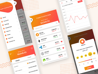 Cryptocurrency Rates appdesign application blockchain crypto exchange crypto wallet cryptocoin cryptocurrency device mockup gradient interfacedesign live money app orange trading app ui uiux ux ui walle