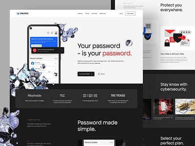 Unlock - Password Manager Landing Page 3d app black branding clean dark design illustration landing page logo minimalist mockup password passwordmanager secure security ui webdesign website