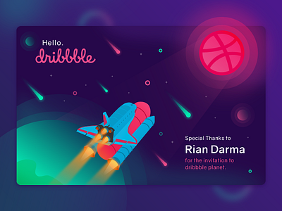 Hello Dribbble ! debut first gradient hello illustration rocket space