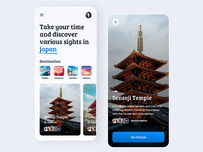 Weekly exploration 02 - Discover Japan app branding design destination discover holiday homepage information japan recomendation spots temple tour tourism tourist travel traveling ui ux vacation