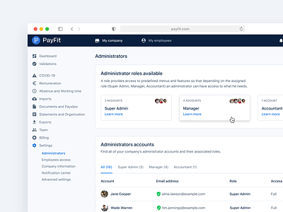 Manager role 👩‍💼 access admin app card design employee hr hris interface minimal payfit permissions product roles saas ui ux