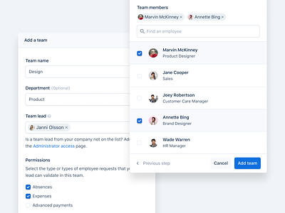 Add a team 👨‍👩‍👦 admin admin design employee hr hris interface manager members minimal modal payfit permissions product roles saas team ui ux