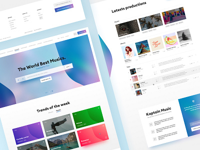 Kaptain Music - Music Library Website 🎵 album blazon colorful cover digital gradient interface library music playlist playlists shield song titles ui webdesign website