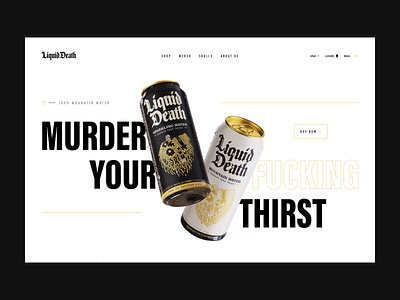 Liquid Death art direction can clean homepage illustration interaction layout parallax premium product skull ui water webdesign website