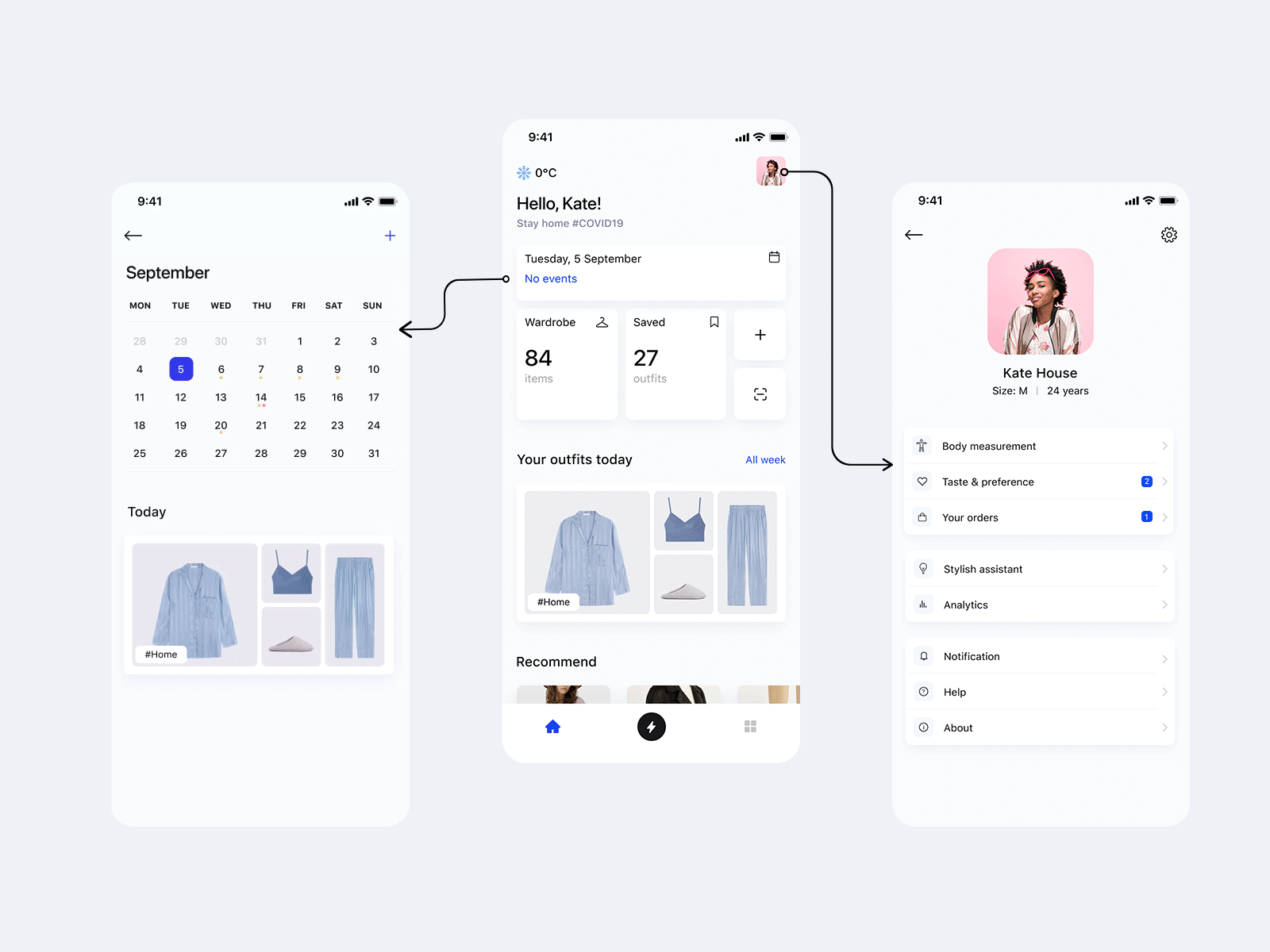 Smart stylist | Home screen, calendar, profile calendar dashboard gif home interactive light looks main mobile app design outfits profile ui wardrobe