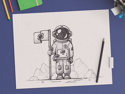 Man on a mission cosmonaut drawing flag mars mission pencil planet sketch space spaceman