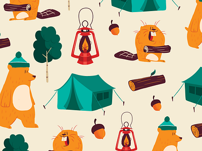Camp Pattern bears beavers camp education illustrations logs patterns tents