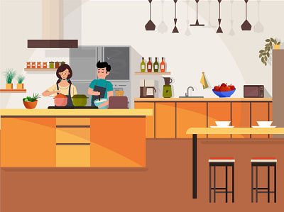 cooking couple adobe ai art branding cooking couple design graphic home illustraion kitchen man stayhome table vector woman