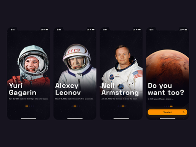 History of space conquest app clean design flat mars minimal onboad screen onboarding space spaceman ui ux