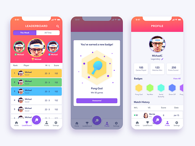 Ping Pong App - Profile & Badges game game art illustration mobile app mobile ui ping pong productdesign ux design