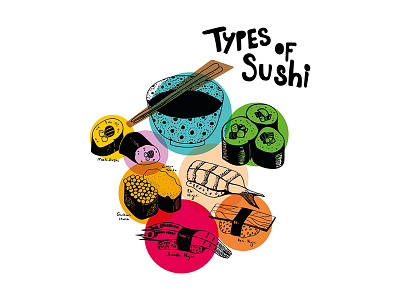 Types of Sushi food hand drawn icons illustration pen and ink sushi