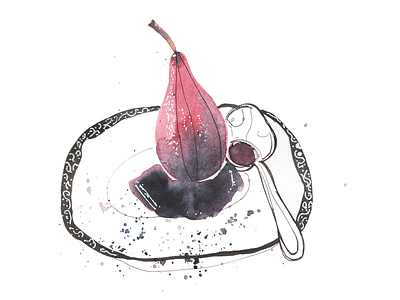 Poached pear in red wine food illustration hand drawn illustration pear pen and ink red watercolour wine