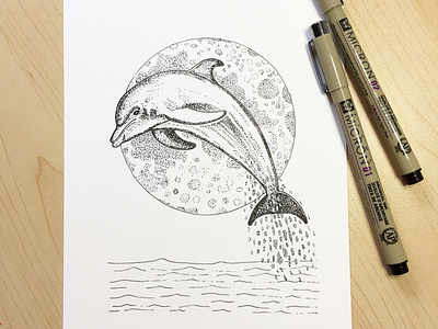 Dolphin Moon black and white dolphin drawing illustration illustrator moon pigma micron