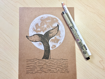 Whale Moon drawing illustration moon pen and ink pigma micron prismacolor whale