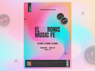 Electronic Music Fest [bundle] banner design emoji facebook cover gradient grain graphic design illustar illustration instagram post instagram stories landing page music festival poster smile sticker texture vector