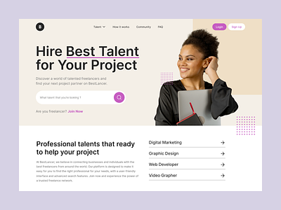 Freelance Platform Landing Page editorial freelance freelancer freelancer website landing page minimalist platform purple talent website uiux web web design yellow