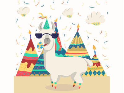 Birthday Llama birthday cake celebration clouds cupcake illustration llama vector