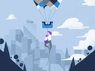 up, up we go! blue character city cityscape clouds flight illustration