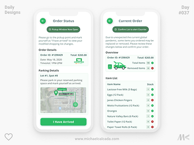 Daily Designs in Quarantine #037 app coronavirus courrier covid19 curb curbside design grocery ios items order parking parking lot pick pickup pickup truck side ui uiux ux