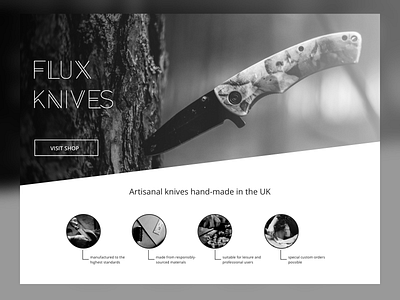 FluxKnives black white landing page minimal monochrome