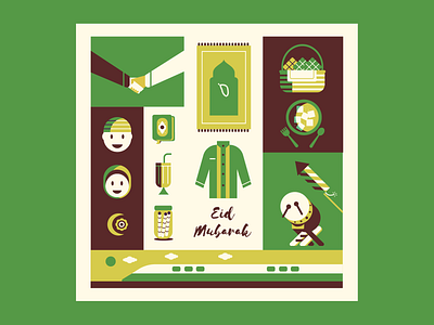 Eid Mubarak Greeting Card art bedug card character design green illustration train vector yellow