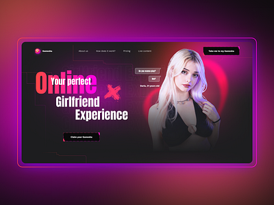 Dating game landing page concept black communication dark theme dating design entertaiment fancy gradient landing page love marketing pink red ui ux web woman