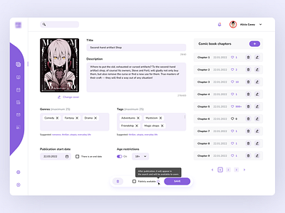 Dashboard design for publishing and editing comics app author book books branding comics dashboard design desktop edit interface light manga publication purple reading text ui ux web