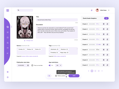 Dashboard design for publishing and editing comics